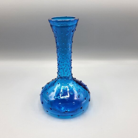 Vintage Vibrant Blue Hobnail Glass Bud Vase Italian Decanter Bubbles 7.5" Tall - Picture 8 of 9